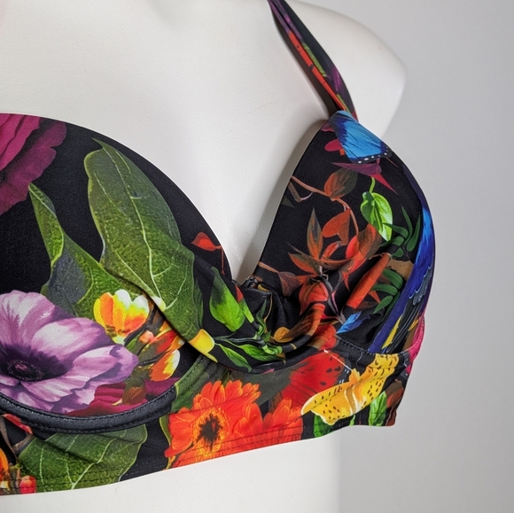 Peddney Black Colorful Flower Bird Butterfly Halter Tie Bikini Top L - Picture 3 of 9